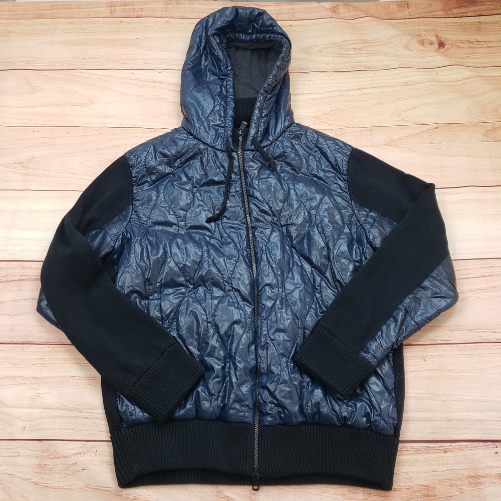 DKNY Jeans Jacket Mens Large Blue Black Puffer Hooded Knit Sleeves Zip Adult